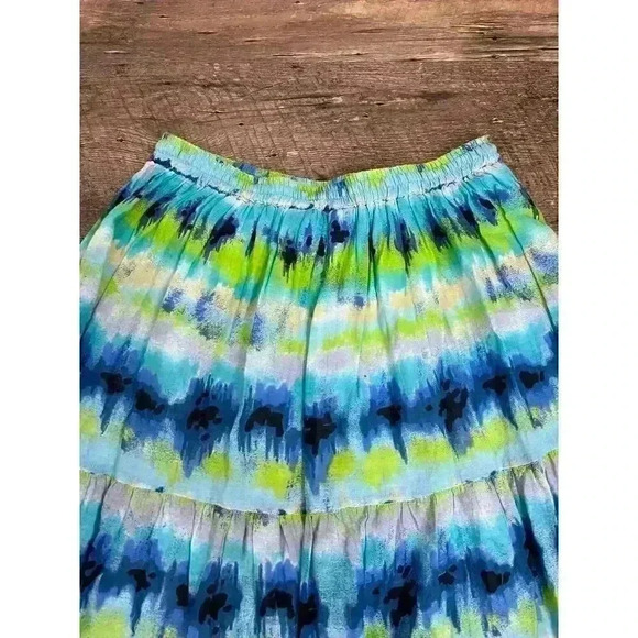 Jane Ashley Tiered Maxi Pull On Skirt Multi-Color Blue Green Women's PM Boho - Picture 8 of 9